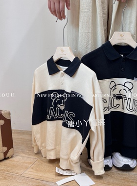 houli男童Polo卫衣卡通刺绣熊黑白拼色春秋款韩版翻领长袖中大童