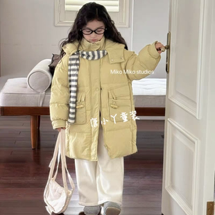 Miko女童羽绒服中长款鹅黄色牛角扣韩系90白鸭绒蓬松外套纯色