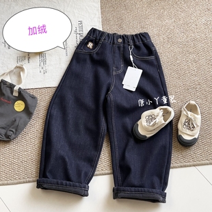 亲子原色加绒老爹牛仔裤 男女青少年 刺绣R奥粒绒软糯厚实秋冬长裤