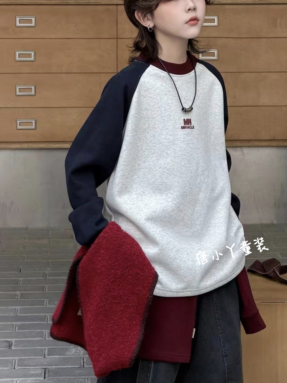 中大童加绒圆领卫衣hh藏青灰撞色插肩袖韩版宽松卡通奥粒绒套头衫