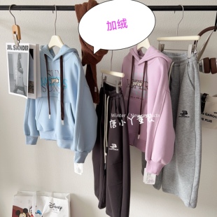 中大童加绒连帽卫衣su韩版宽松撞色蓝咖紫奥粒绒套头衫女童秋冬z