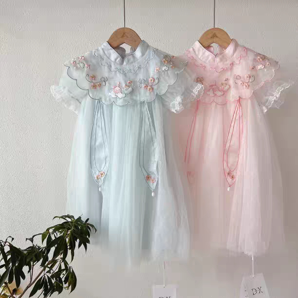 daixiaoxi小萝莉公主裙玉兔汉服中国风纱裙粉绿色宽松刺绣连衣裙