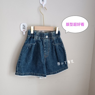 女童花边牛仔短裤超薄夏款刺绣蘑菇打褶A字形儿童韩版宽松亲子