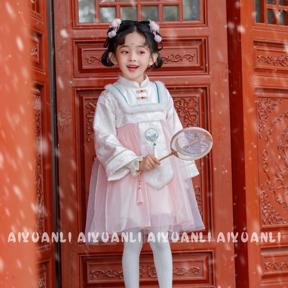 古云仙儿粉色旗袍国风汉服裙拜年服领缎面加绒高定长款云貂糯裙,童装/婴儿装/亲子装,汉服,淘宝优惠券,粉丝福利购,淘宝优惠卷