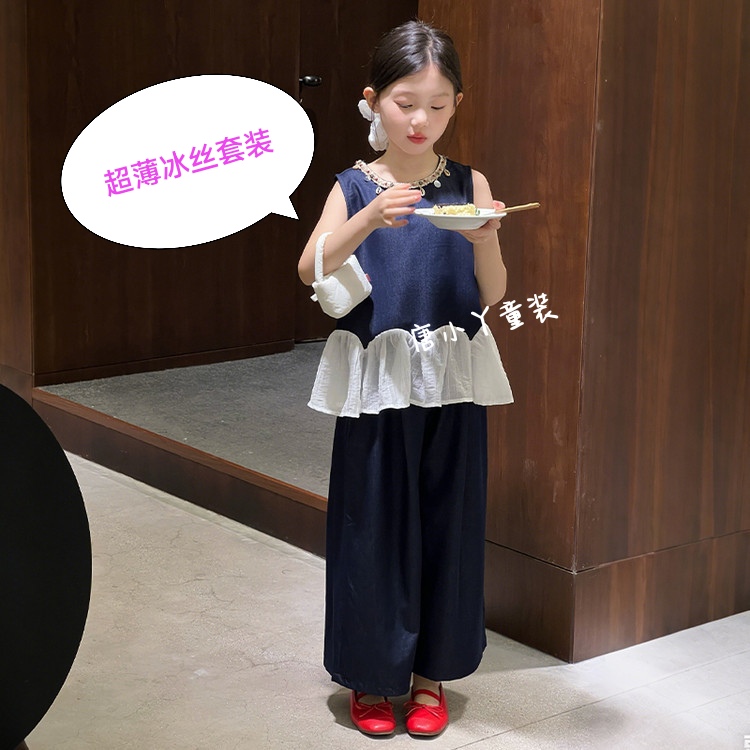 女童原色冰丝牛仔套装波西米亚花边无袖背心直筒裤两件超薄凉快y