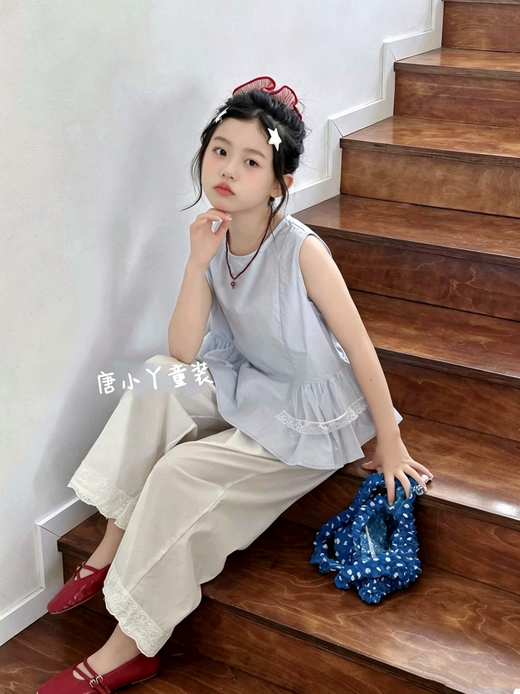 女童夏款套装蓝色蕾丝花边无袖背心白色阔腿裤两件套韩版休闲长裤