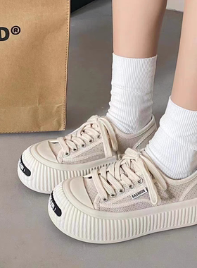 饼干女鞋2025春季新款厚底网面休闲帆布鞋百搭学生板鞋23759