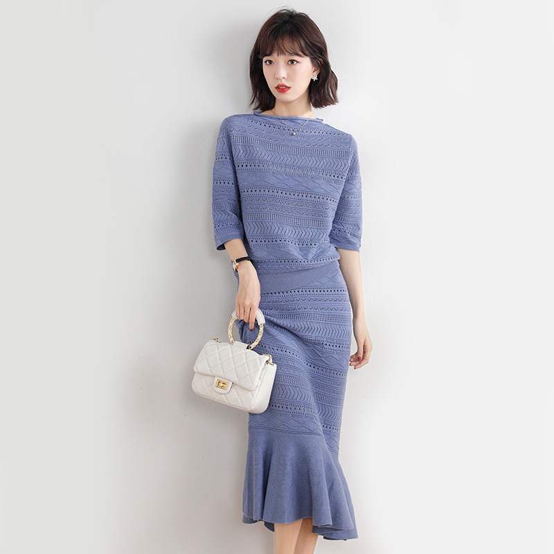 优雅女人味镂空鱼尾裙两件套连衣裙中长款针织套装裙秋装2025秋冬