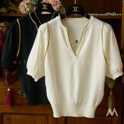 上身气质赞 品味金丝线走边剪刀领短袖针织衫O05082