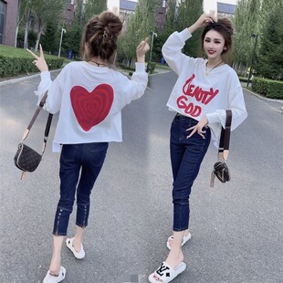 小个子短款 卫衣女2023秋宽松韩版 毛边t恤 红字母印花长袖 欧货新款