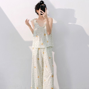 可爱ins 新款 吊带九分裤 纯棉双层纱布睡衣女带胸垫夏季 家居服 薄款