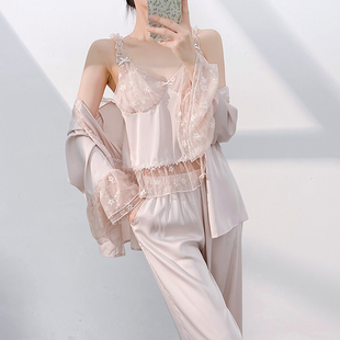长裤 性感吊带三件套带胸垫冰丝秋季 可外穿家居服女 睡衣新款 法式