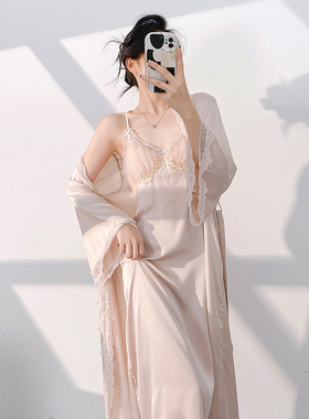 吊带睡裙女2025法式新款春秋套装冰丝睡袍家居服性感睡衣女两件套