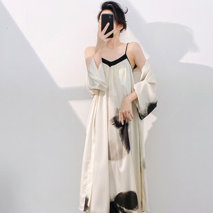 春夏季休闲吊带加长款睡袍女性感薄款吊带冰丝睡裙纯欲风睡袍长袖