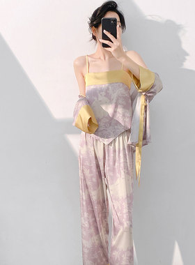 春秋带胸垫吊带睡衣三件套新中式高级感可外穿家居服女士冰丝长袖