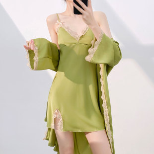 牛油果绿吊带睡袍套装 冰丝带胸垫纯欲风家居服性感私房睡衣女夏季
