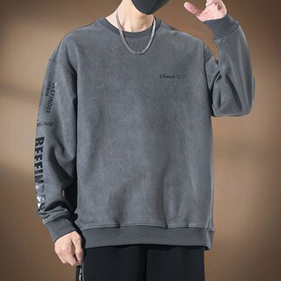 美式软糯舒适麂皮绒卫衣男秋季重磅大码加肥加绒无帽男士长袖上衣