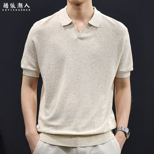莱塞尔亚麻海鸥领针织透气极简老钱风短袖T恤男新款高级休闲上衣