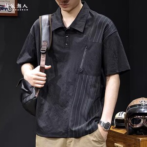 亚麻弹力Polo衫男士短袖t恤潮牌大码夏季2026新款高端拼色体恤薄