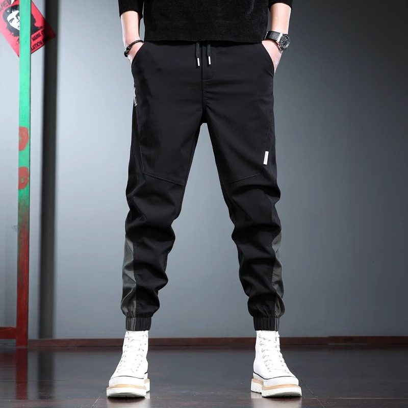 潮牌休闲裤男款宽松束脚长裤春秋季抽绳百搭黑色拼接运动速干裤子