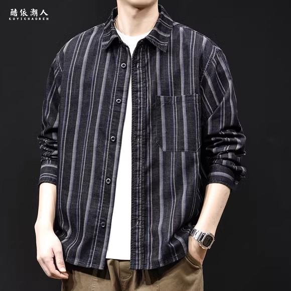 日系黑色条纹男士高端长袖衬衫
