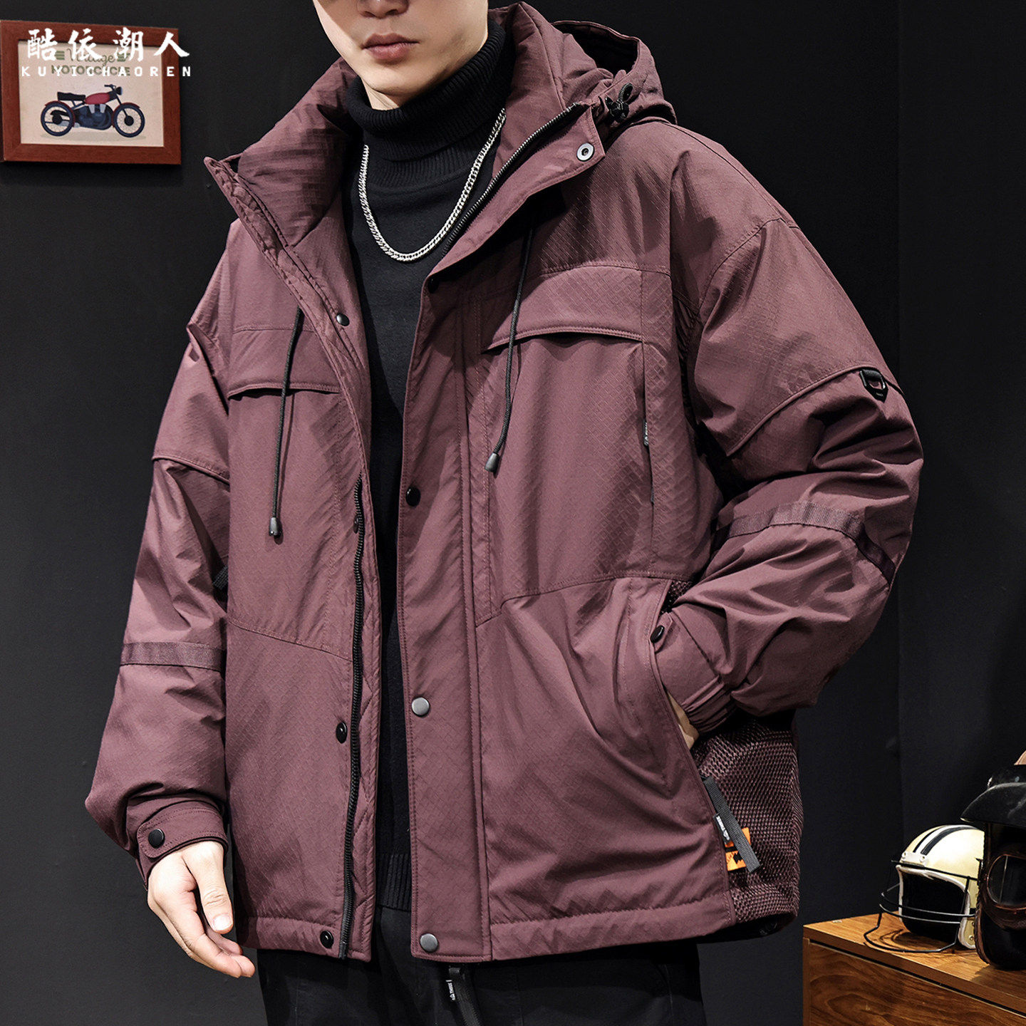 冲锋白鸭羽绒服男冬季2025新款加厚保暖连帽男士潮牌工装外套大码