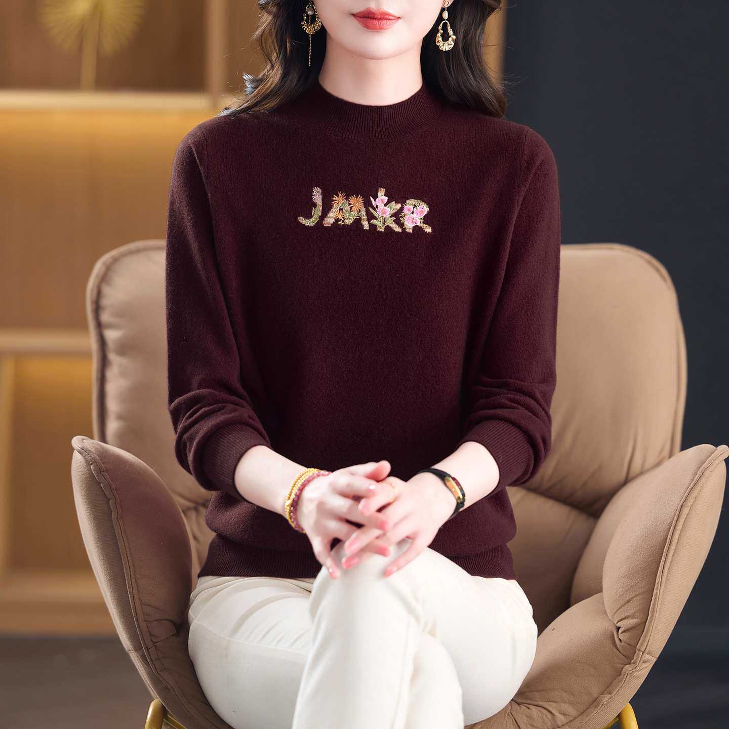 官方全羊毛衫女半高领针织衫秋冬宽松大码套头毛衣2026新款打底衫