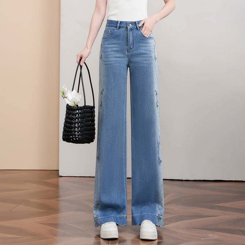 官方品牌浅蓝色窄版直筒烫钻牛仔裤女2026夏季新款女裤高腰显瘦休