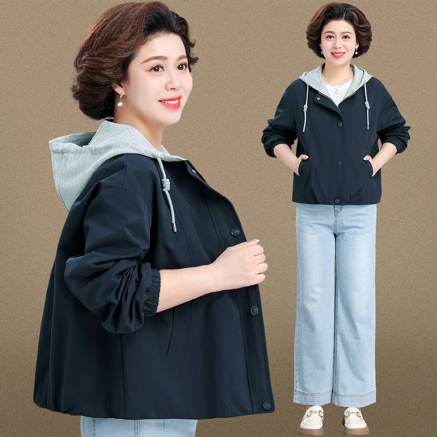 官方正品中年妈妈春秋外套洋气2025新款中老年女秋装夹克拼色连帽
