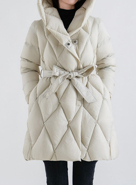 高端95白鹅绒羽绒服面包服女款菱格中长款鹅绒服平湖女装白色连帽