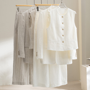 女春夏套装 三件套背心马甲透气宽松上衣松紧腰阔腿裤 套装 亚麻西装