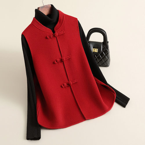 春新款红色新中式马甲女毛呢外套国风马甲小个子中国风外套