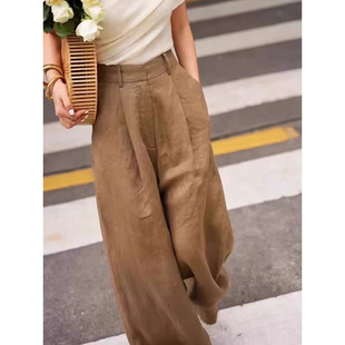 时尚 现货厂家批发 高腰垂感休闲裤 女 棉麻长裤 咖色亚麻阔腿裤