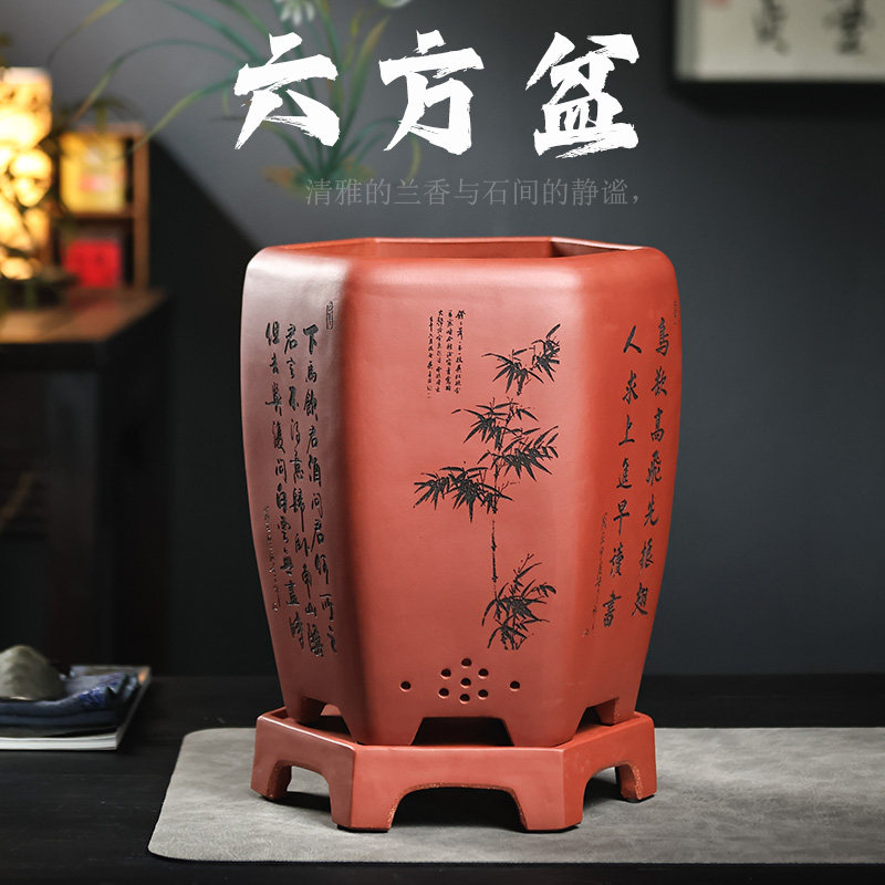 大六方紫砂花盆兰花盆室内花盆盆景悬崖临水盆景花盆透气手工制作