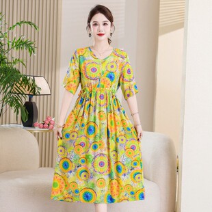 遮肚子中老年女装 棉绸连衣裙大码 宽松人造棉裙子 新款 中年妈妈夏装