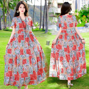 50岁 大摆人造棉长裙子婆婆夏装 中年妈妈新款 棉绸连衣裙宽松女夏季