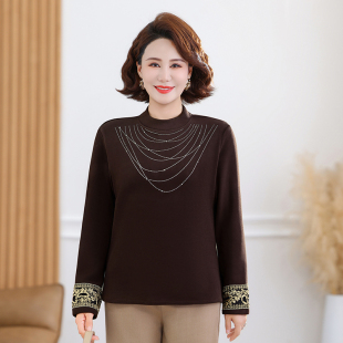 中年女士冬装烫钻加绒保暖上衣洋气妈妈新款加厚内搭打底衫可外穿