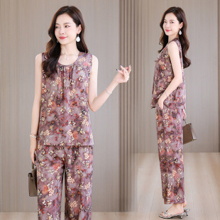 人造棉T恤上衣裤 妈妈夏装 中老年女装 宽松大码 子两件套 棉绸套装