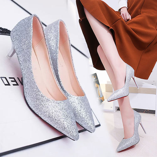 夏季浅口细跟尖头金色公分女单鞋