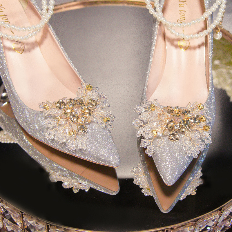 银色法式婚鞋新娘鞋女主婚纱秀禾两穿高跟鞋不累脚日常可穿伴娘鞋