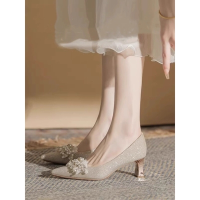 香槟色高跟鞋女粗跟不累脚珍珠婚鞋秀禾婚纱两穿新娘鞋日常可穿