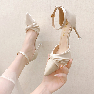 配裙子仙女风时装凉鞋女夏季包头尖头中空单鞋一字扣带高跟鞋细跟