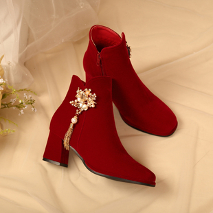 2025新款 女冬季 高跟方头短靴禾秀婚纱两穿红色粗跟靴子 新娘鞋 婚鞋