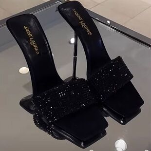 2025年夏季新款杨树林同款方头黑色水钻一字带凉鞋细跟高跟凉拖女