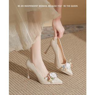 10cm香槟色主婚纱婚鞋新娘小个子细跟防水台高跟鞋主持演出宴会鞋