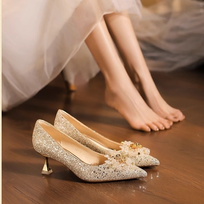 低跟婚鞋女法式主婚纱新娘鞋日常可穿不累脚新娘鞋浅口亮片伴娘鞋