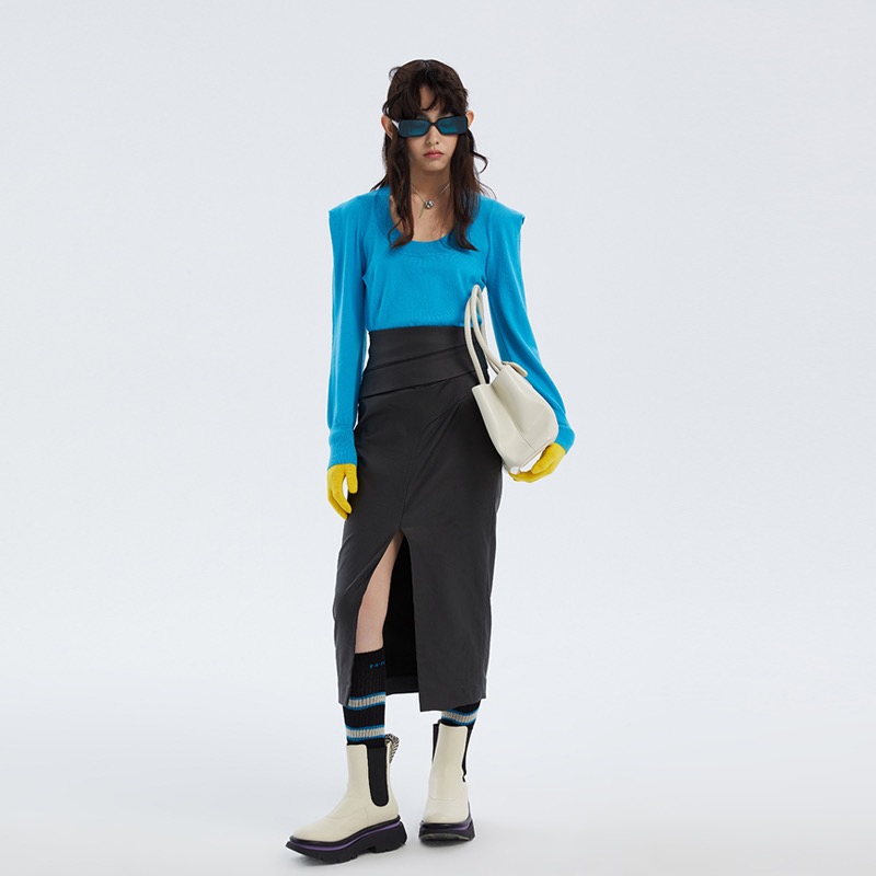 NMORE设计师品牌 隐秘黑前开衩高腰切割涂层塑身裙