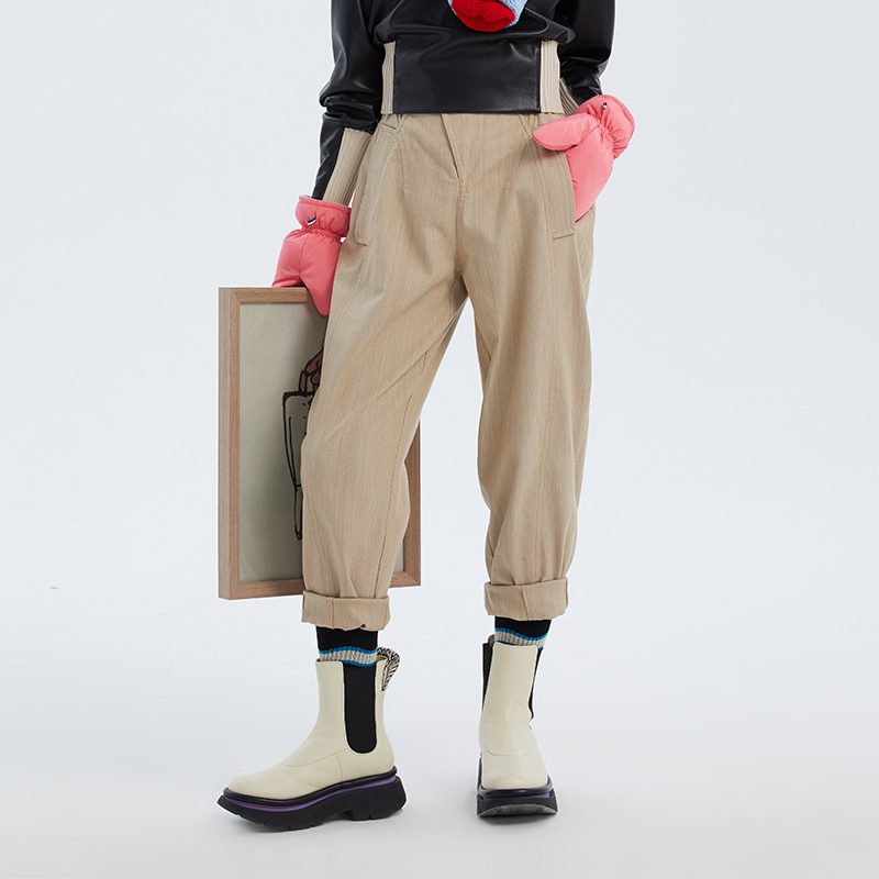 NMORE设计师品牌 暮冬卡其松紧腰廓型奶奶裤