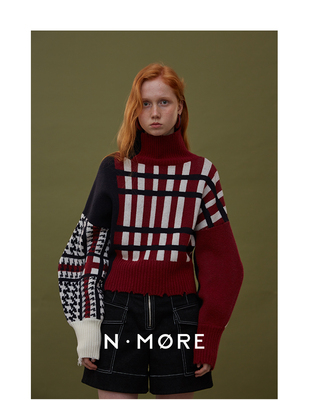 N·MORE设计师品牌 秋冬新品 牛绒三色复古格纹提花廓形两穿短款