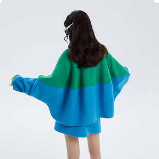 NMORE设计师品牌 生机绿拼接精灵蓝oversise造型领羊毛外套